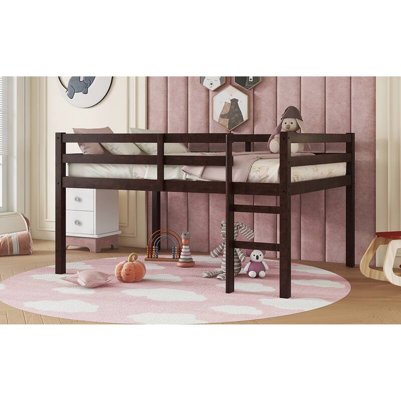 Roomfitters Full/Twin Rubber Wood Loft Bed with Ladder, Reinforced Slat Platform, Low Height Design, Espresso