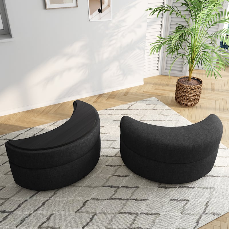 Upholstered Half Moon Storage Ottoman with Tray Set of 2 - Chenille - Black/Chenille