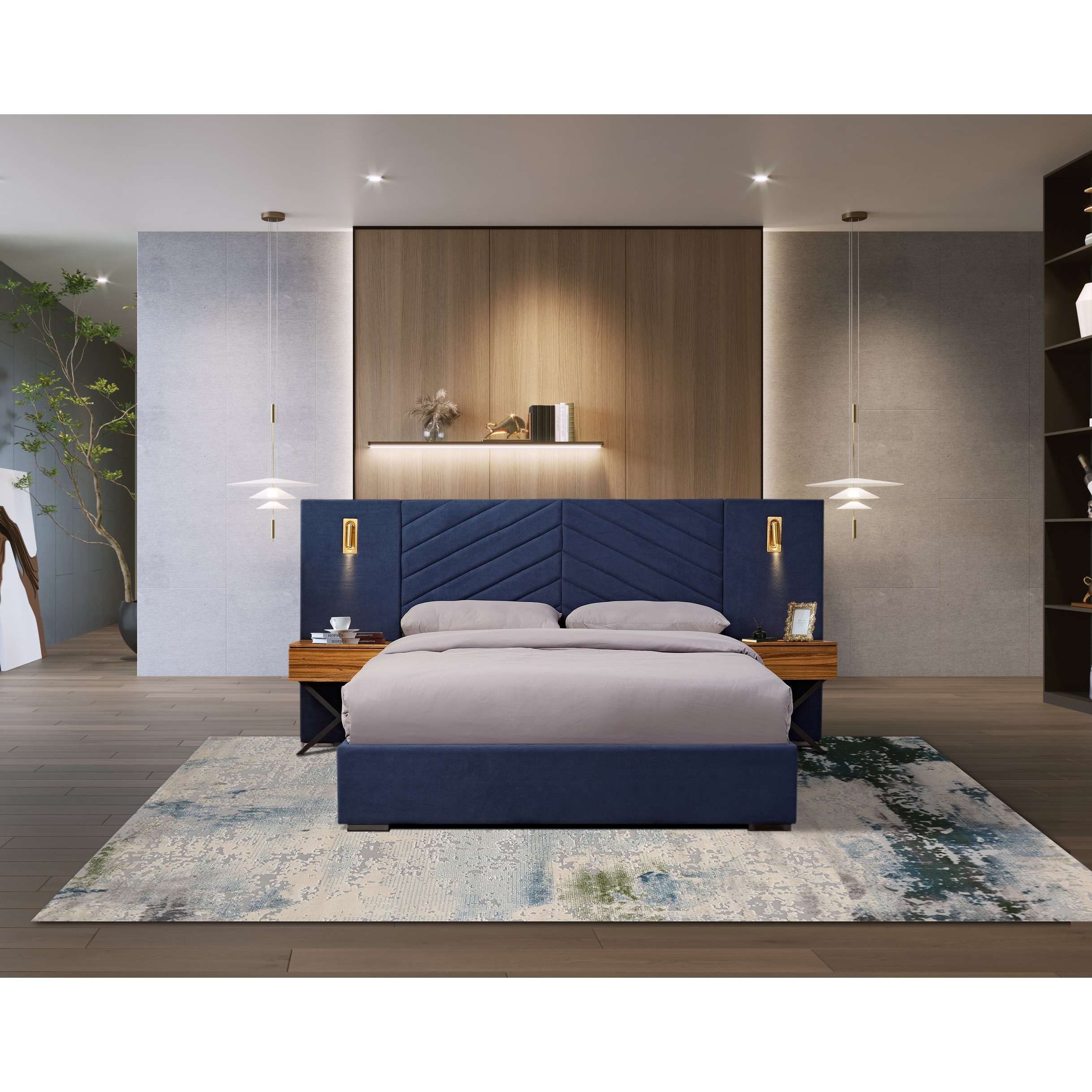 Royal Blue Queen Velvet Bed Frame Vertical Channel Tufted Wingback Headboard Upholstered Platform Bed Wooden Slats - Retro Blue