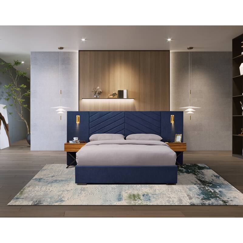 Royal Blue Velvet Bed Frame Vertical Channel Tufted Wingback Headboard Upholstered Platform Bed Wooden Slats - Retro Blue - Queen