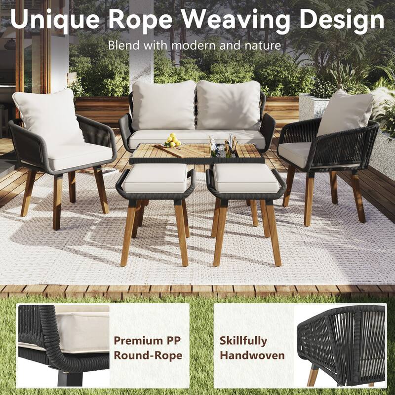 6 Piece Outdoor Woven Rope Furniture Set Deep Seat Patio Conversation Sofa Set, Acacia Wood Cool Bar Table with Ice Bucket