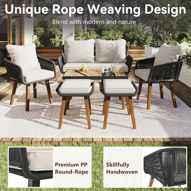 K&K 6-Piece Rope Patio Furniture Set Deep Seat with Two Stools