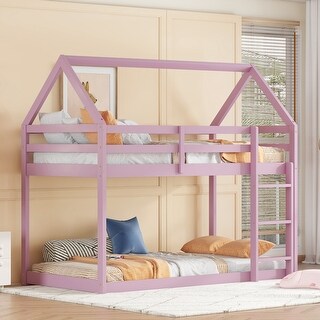 Pink Twin over Twin House-Shaped Bunk Bed with Ladder, Guardrails, and Low Height Design