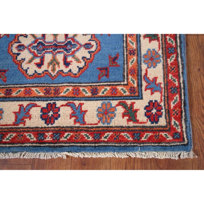 Geometric Blue Kazak Accent Rug Handmade Wool Carpet - 2'0" x 3'1"