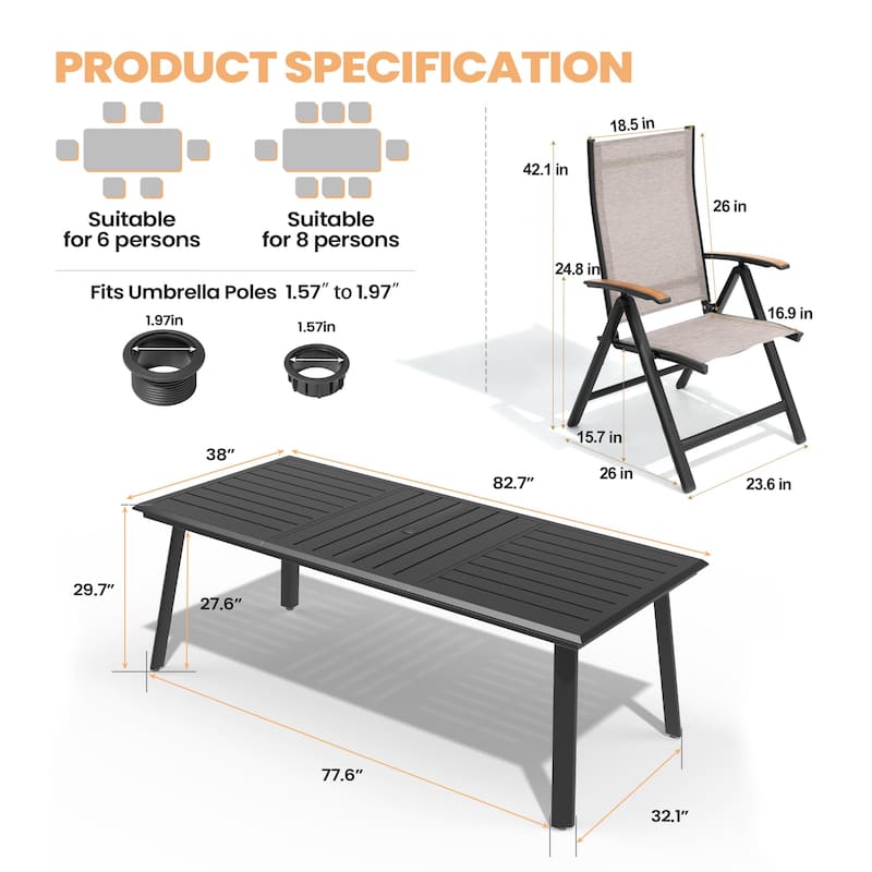 9/11/13-Piece Outdoor Patio Dining Set All-Weather Aluminum Dining Table with Umbrella Hole and Adjustable Folding Chairs