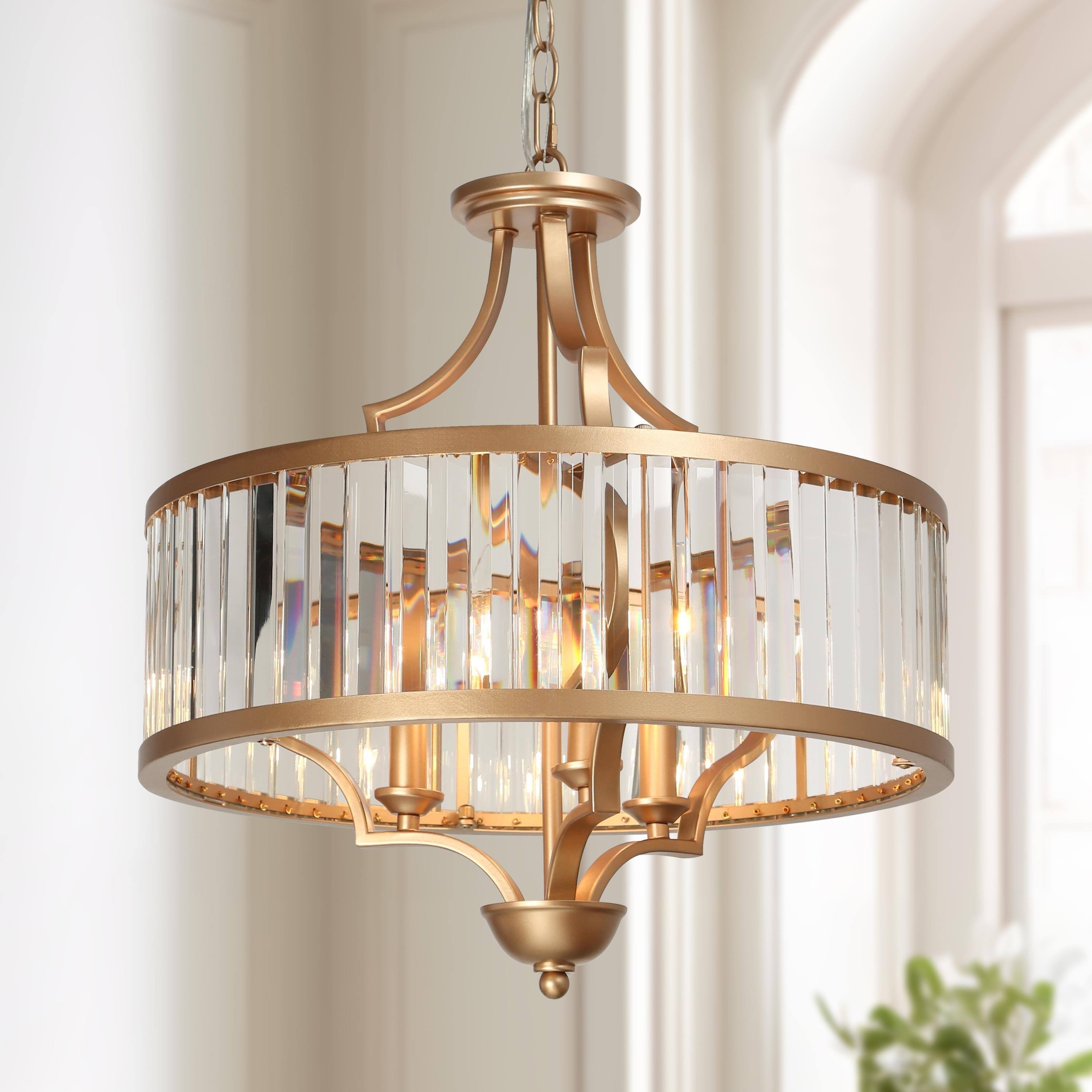 Modern Gold 3-Light Crystal Drum Chandelier for Kitchen Dining Room Nook - D 18" x H 18.5"