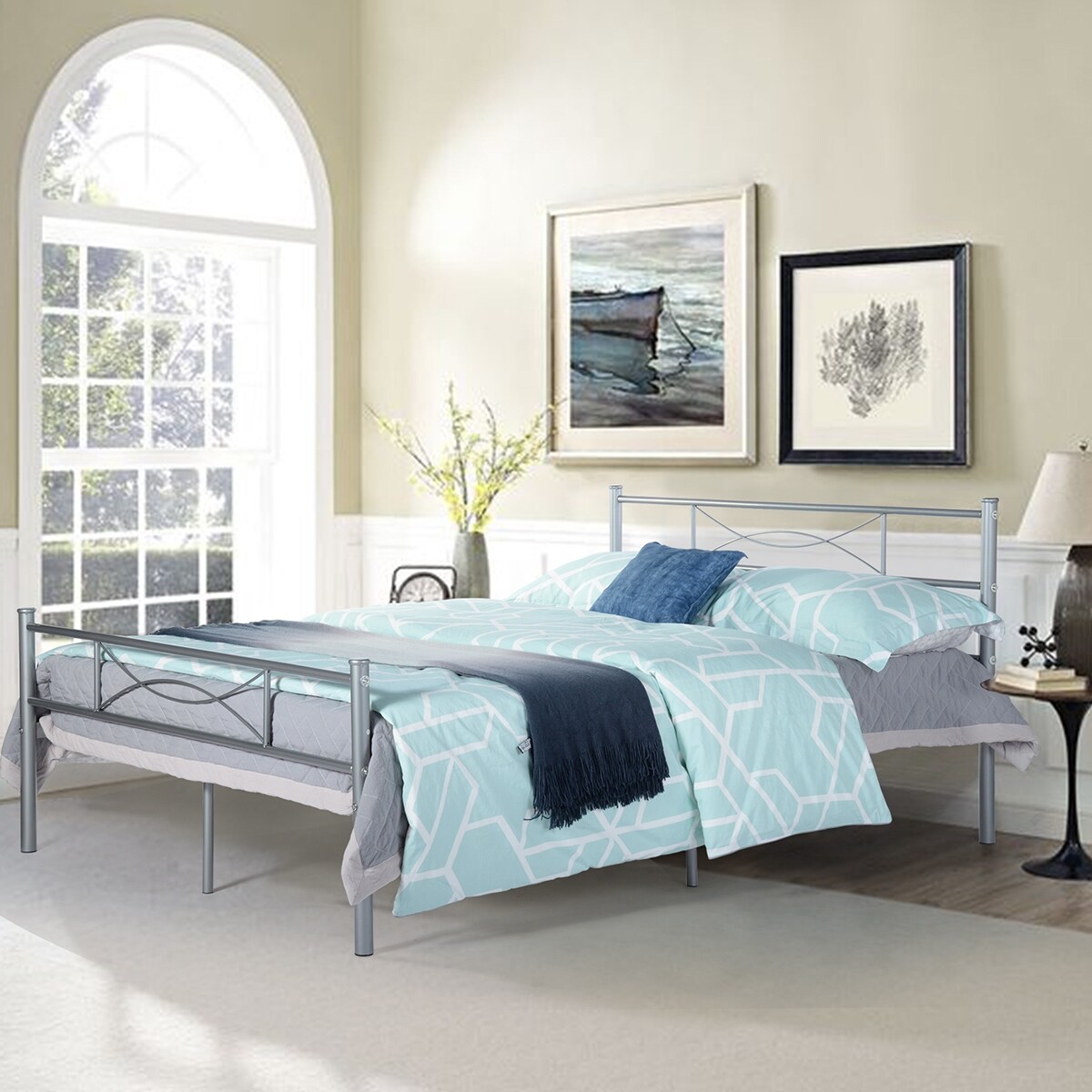 Easy Set Up Full Metal Bed Frame Bedroom Furniture With Headboard Silver