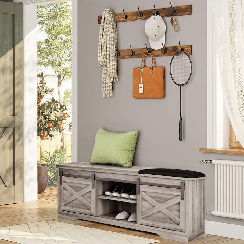 WESOME 47 inch Shoes Bench with Sliding Barn Door Storage Cabinet and Adjustable Shelves - 47.24"Lx15.35"Dx18.7"H