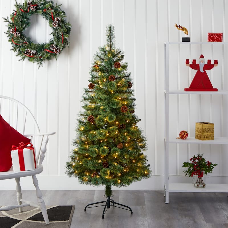 5Ft Artificial Christmas Tree with Lights - White Pine Holiday Decor, Pre-Lit Tree, Festive Holiday Tree - Green - 50