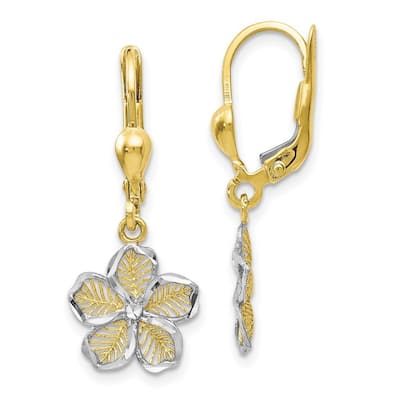 Curata 10k Yellow Gold with Rhodium 20.75x6.25mm Filigree Flower Leverback Earrings