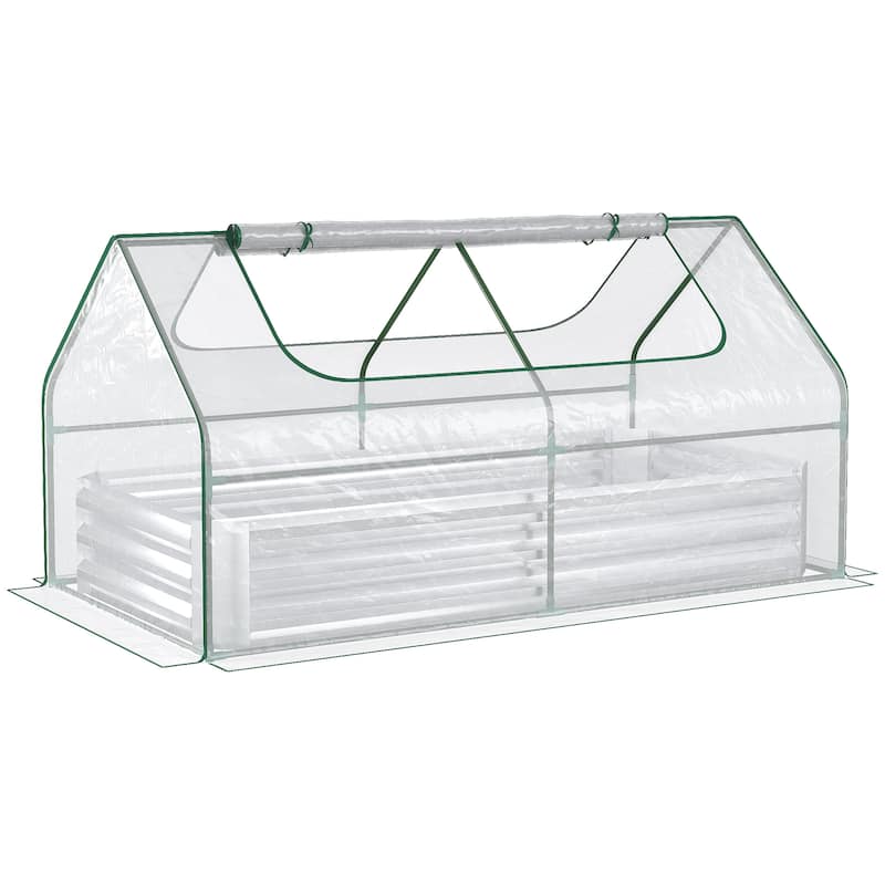 Outsunny Galvanized Raised Garden Bed with Mini Greenhouse Cover, Outdoor Metal Planter Box with 2 Roll-Up Windows