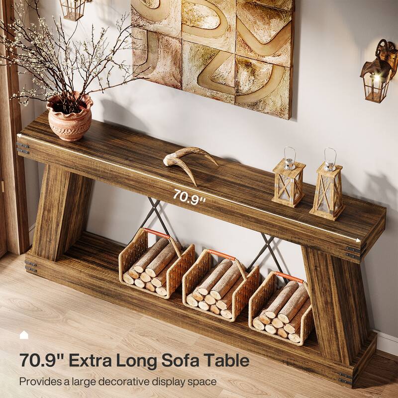70.9” Farmhouse Console Table, Brown Entryway Table with Storage - Large
