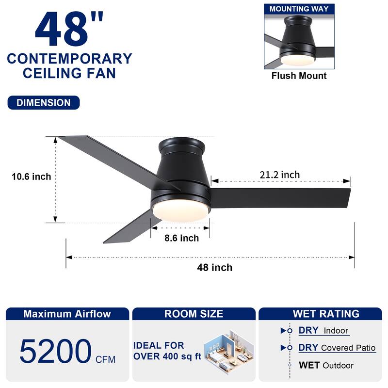 YUHAO AeroLite 48 in. Indoor White Low Profile Standard Ceiling Fan with Bright White Integrated LED Light Kit, Remote Included
