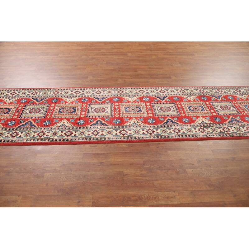 Geometric Kazak Runner Rug Hand-Knotted Wool Carpet - 2'8" x 10'1"