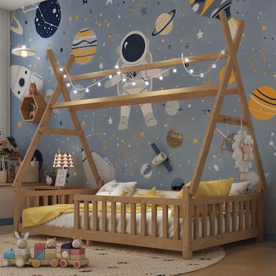 House Bed with Light, Low Toddler Floor Bed House-shaped Roof Frame with Fence and Roof for Kids Boys Girls