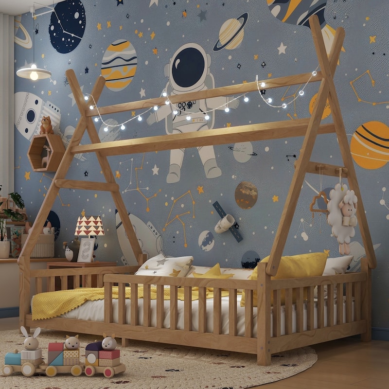 Twin House Bed with Light, Low Floor House Bed with Fence and Roof for Kids Boys Girls