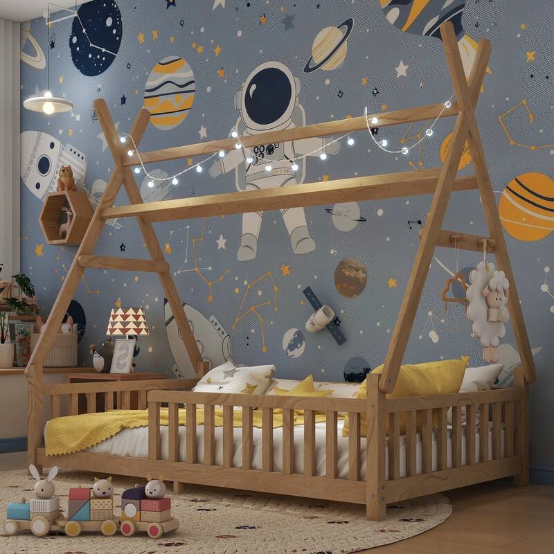 Wood Low Floor House Bed with Fence and LED Light Roof, Creativity Bed Tent Design for Kids Boys Girls No Box Spring Needed
