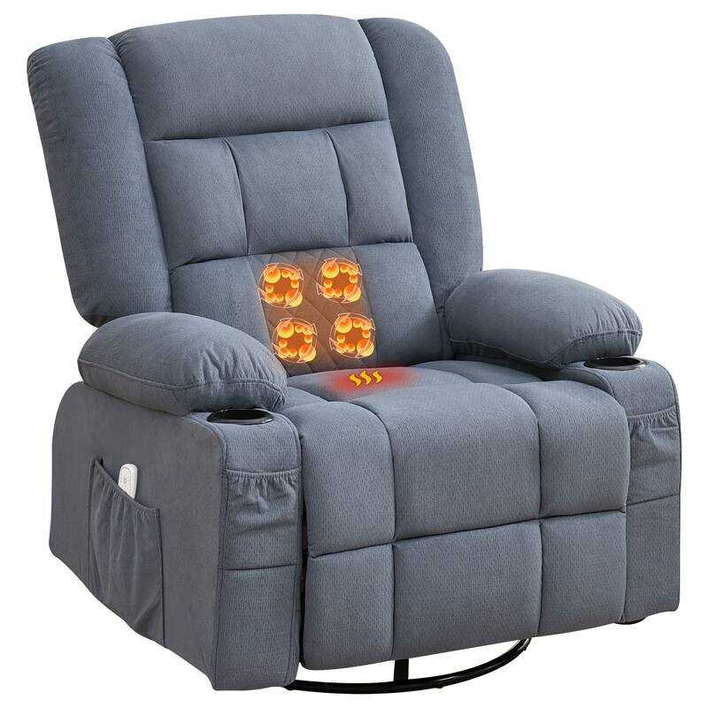 Oversized Swivel Recliner Chair with 4-Point 3D Kneading Massage and Heat, Single Sofa Chair with 2 Cup Holders & USB Port