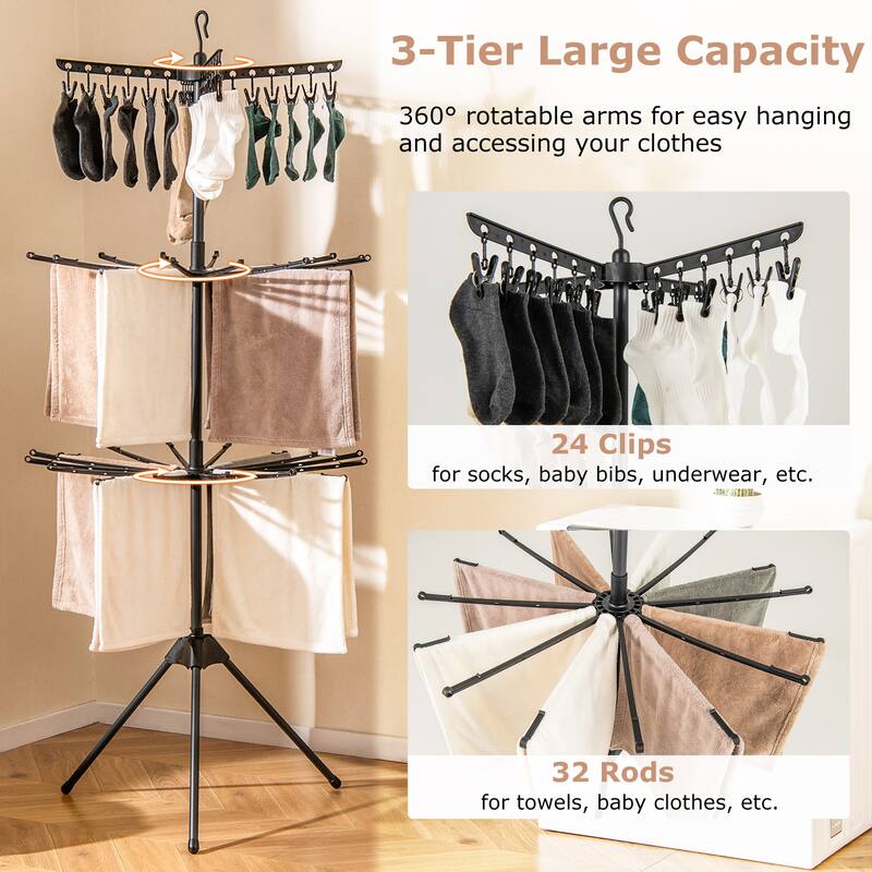 3-Tier Tripod Freestanding Folding Clothes Drying Rack with 24 Clips-Black - Multi