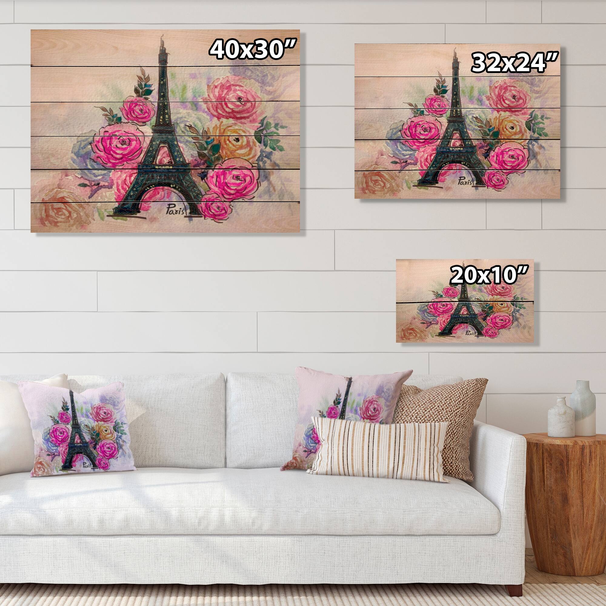 Designart 'Eiffel Tower With Rose Flowers' French Country Wood Wall Art