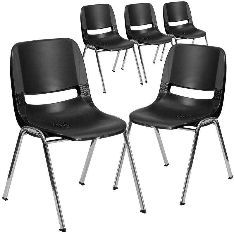 5 Pack 661 lb. Capacity Ergonomic Shell Stack Chair - Black Plastic/Chrome Frame