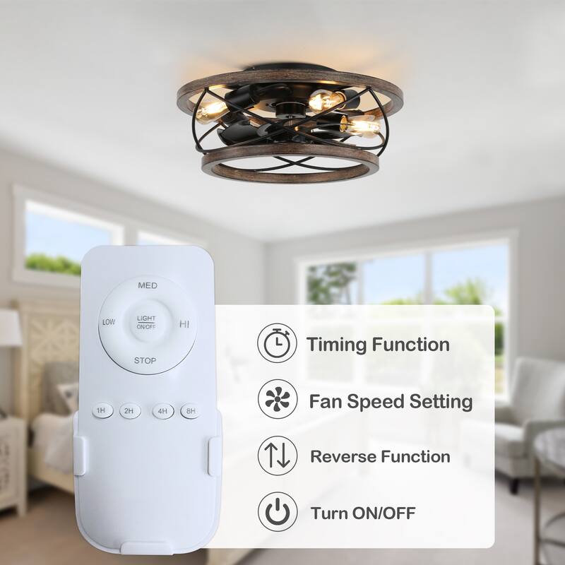 18" Rustic Wood Caged Flush Mount Ceiling Fan, 3-Speed Farmhouse Reversible Ceiling Fan with Light Kit and Remote Control