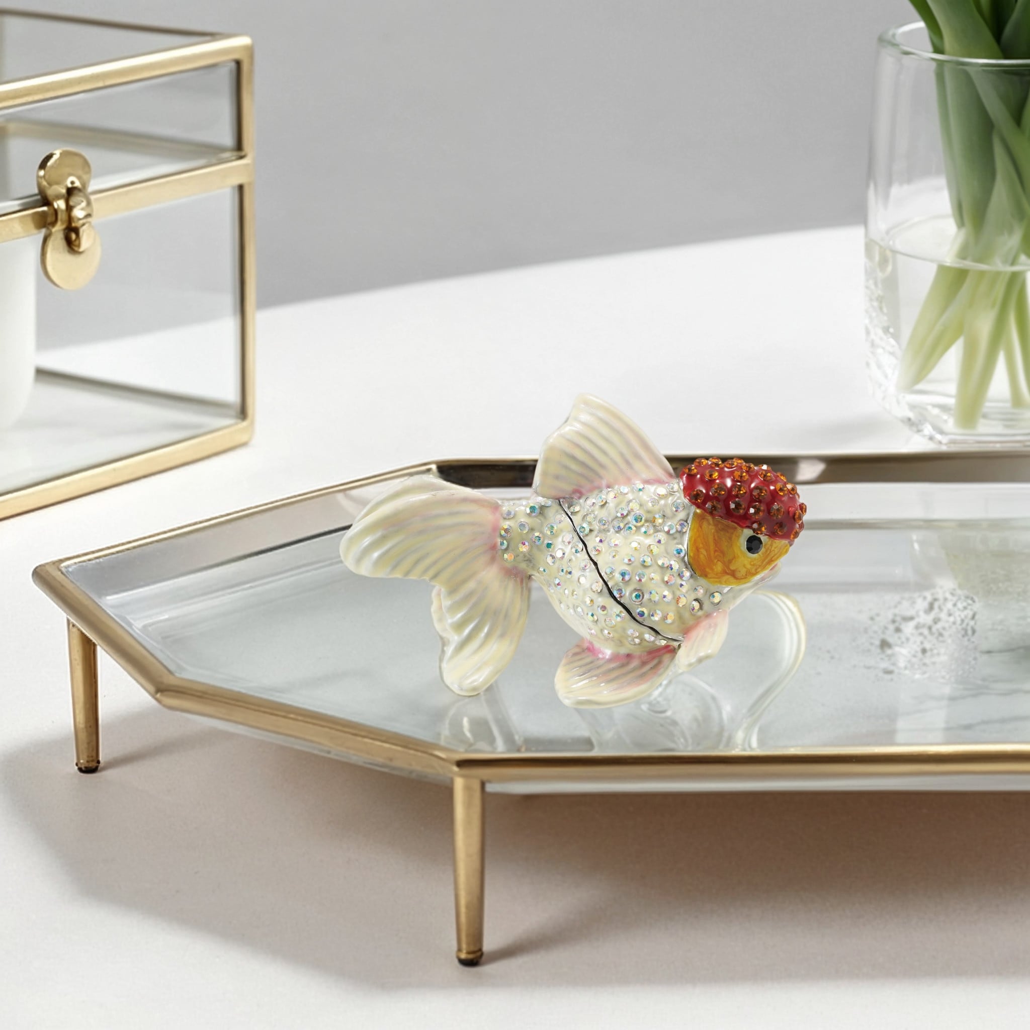Enameled Goldfish-Shaped Metal Trinket Box with Jewels - 1.75"L x 3.13"W x 1.75"H