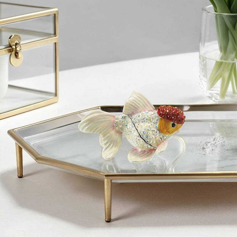 Enameled Goldfish-Shaped Metal Trinket Box with Jewels - 1.75"L x 3.13"W x 1.75"H - Orange; White