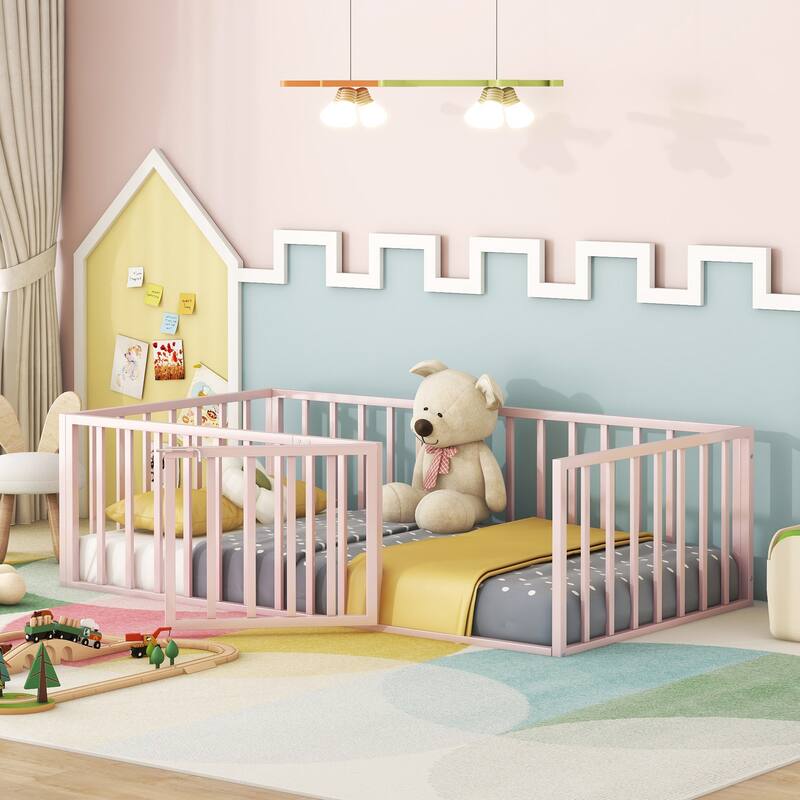 Twin Size Metal Floor Platform Bed Frame with Fence and Door, Fun and Sturdy Play Bed for Kids, Bedroom Furniture for Toddlers