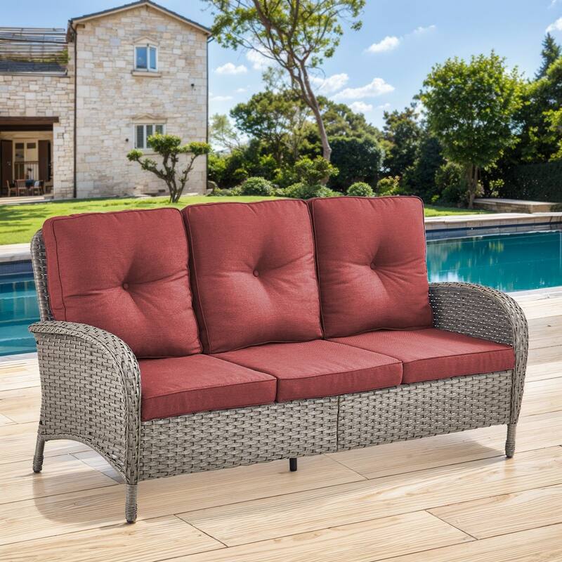 Gymojoy 3-Seat Outdoor Wicker Sofa with Professional Outdoor Cushions - 1-Piece - Grey Wicker / Red Cushion