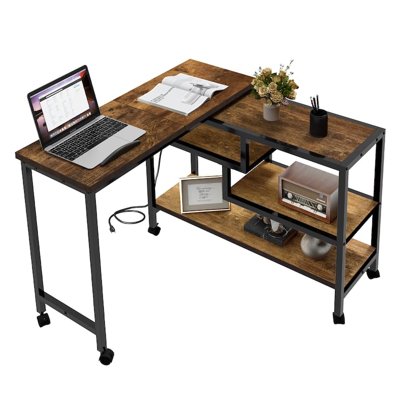 Moasis Rotating Wheeled Sofa Side Table with Drawer 2-Tier Storage Shelves