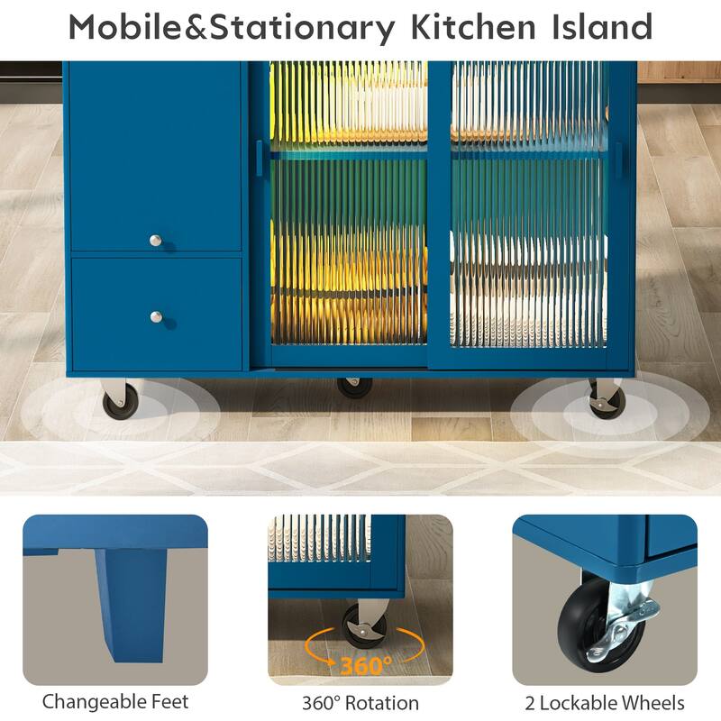 Kitchen Island with Drop Leaf, LED Light ,on Wheels with 2 Fluted Glass Doors