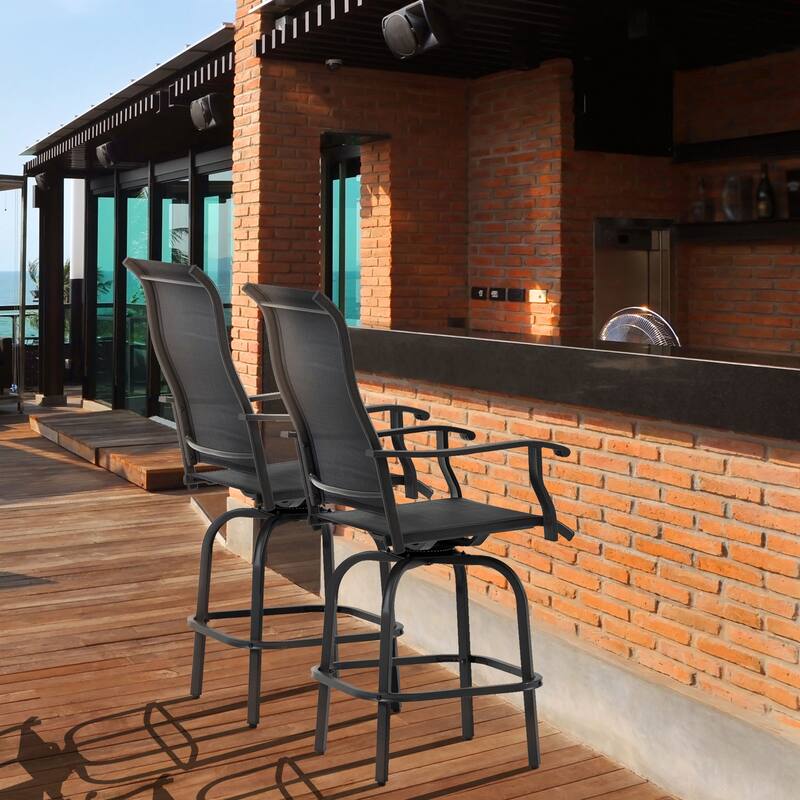 Outsunny Set of 2 Outdoor Swivel Bar Stools with Armrests, Bar Height Patio Chairs with Steel Frame for Balcony, Poolside - N/A - Black