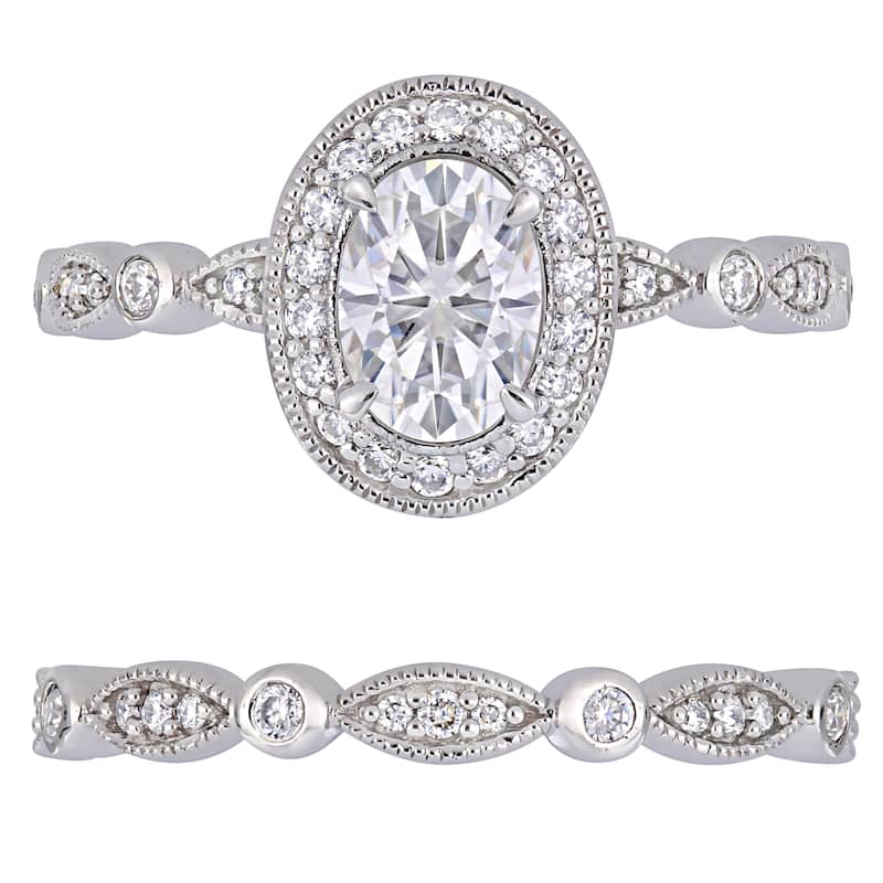 Miadora 1 1/2ct DEW Oval-cut Moissanite Halo Vintage Bridal Ring Set in 10k White Gold