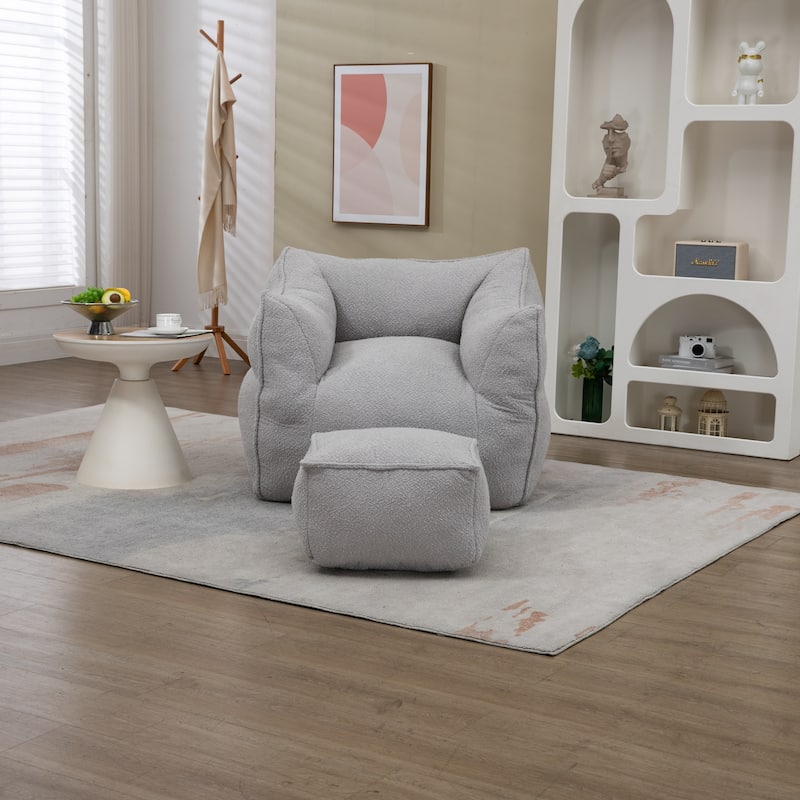 Boucle Upholstered Deep Seat Armless Square Bean Bag Chair with Ottoman - Grey