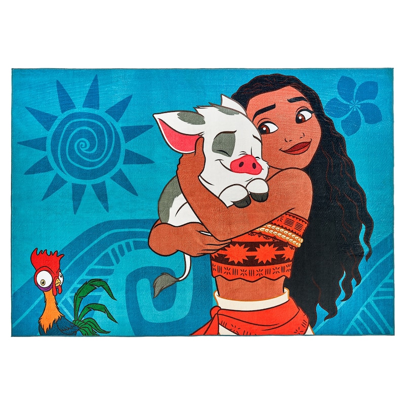 Licensed Disney Moana Pua HeiHei Modern Hawaiian Character Printed Flannel Non-Slip Washable Indoor Kids Area Rug, 54"x78"