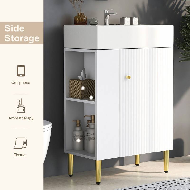 Compact 21.6" Free-Standing Bathroom Vanity with Single Sink, Open Storage & Gold Accents