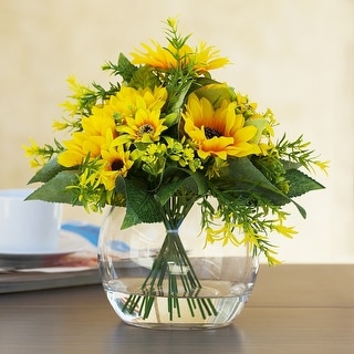 Enova Home Mixed Sunflower in Cube Glass Vase With River Rock and Faux Water 