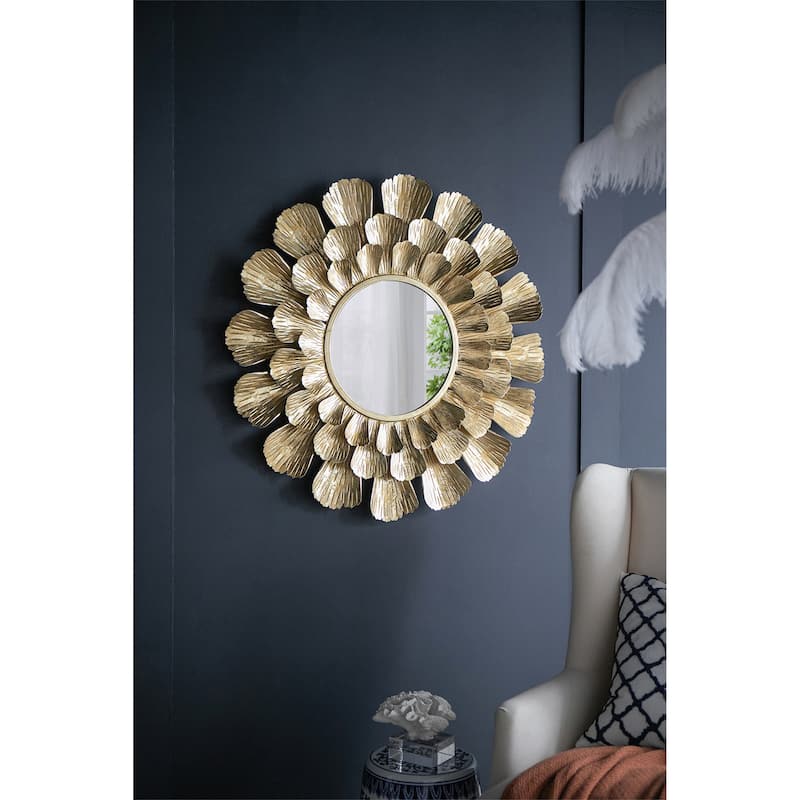 Round Gold Metal Mirror with Trumpet Vine Motif - Gold
