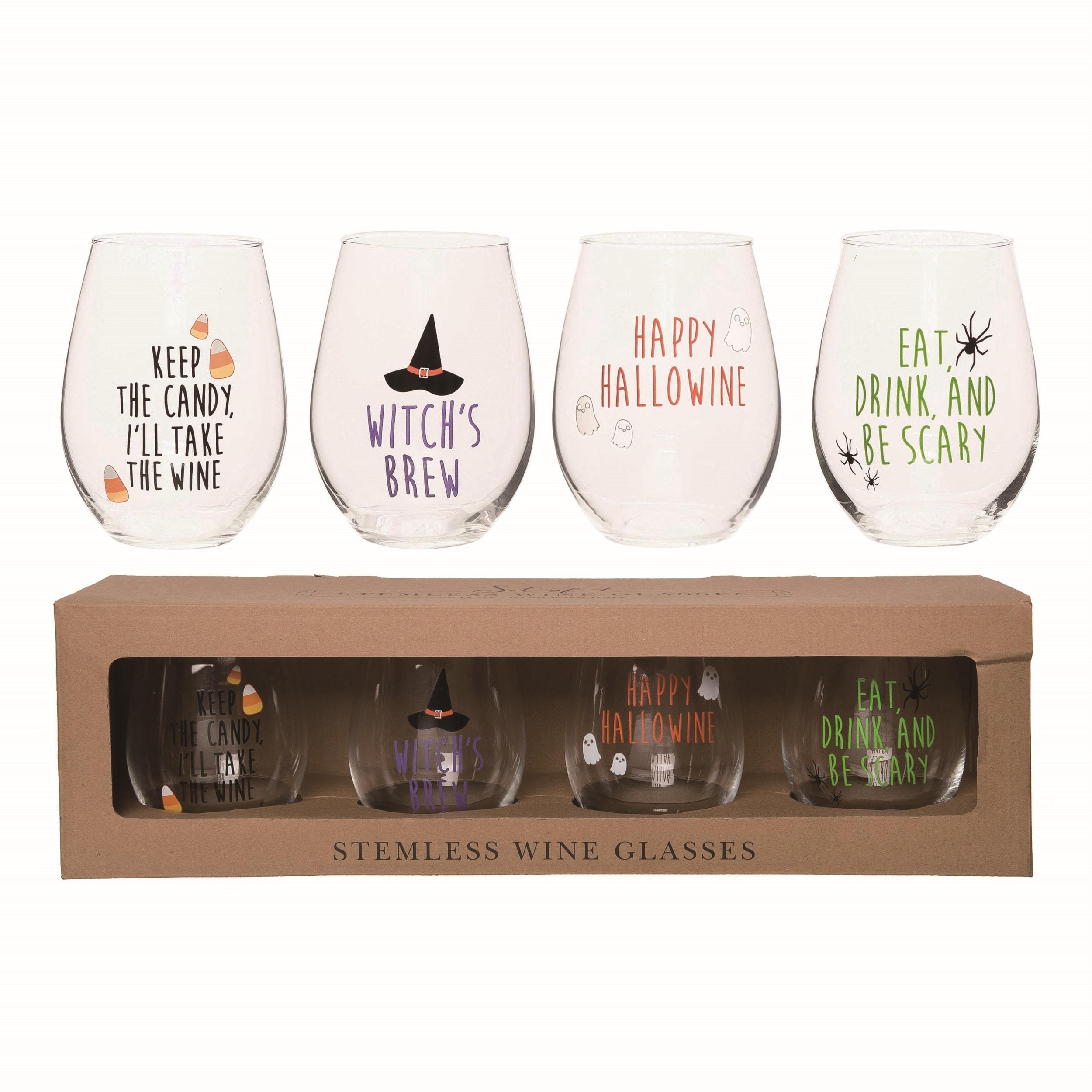 Transpac Glass Clear Halloween 18oz Stemless Wine Glasses Set of 4