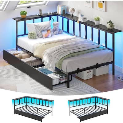 Corner Bed Frame 2 Storage Drawers Daybed Charging Station LED Lights