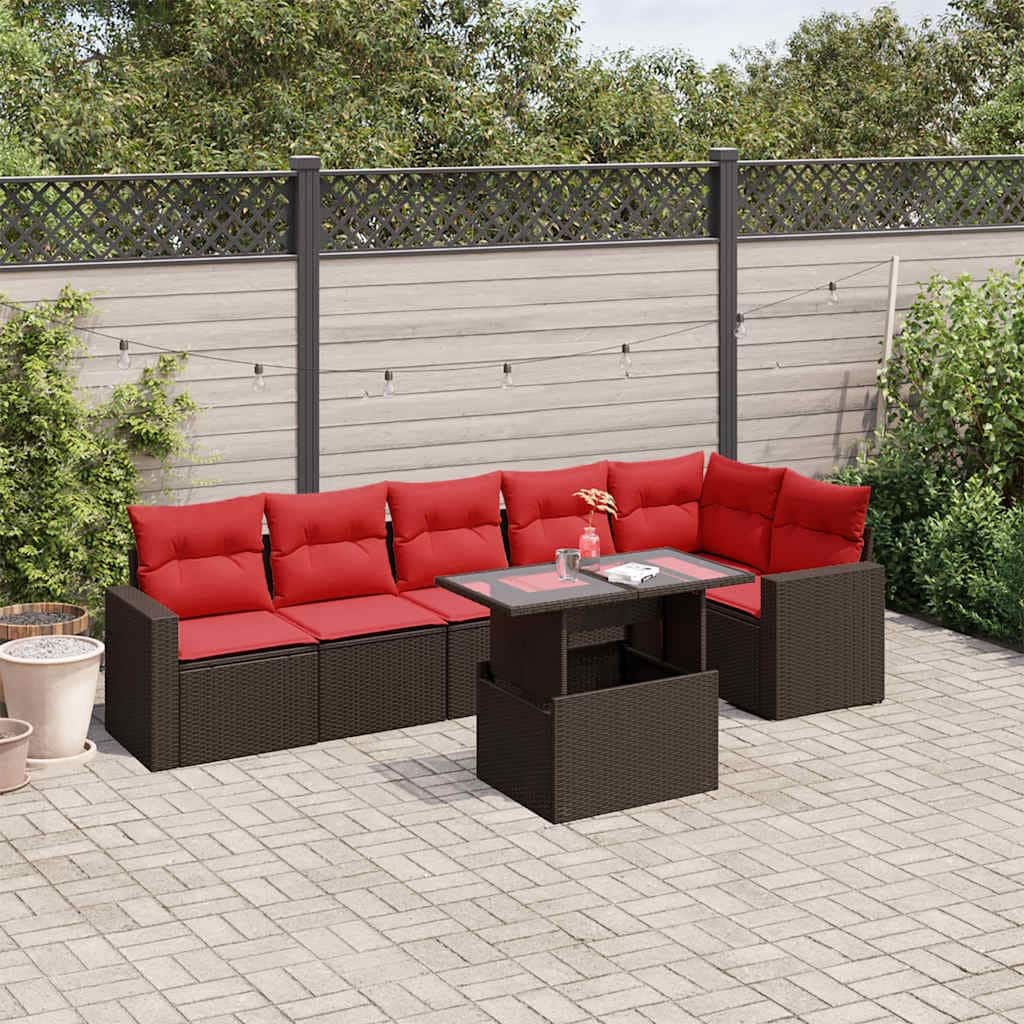 vidaXL 7 Piece Patio Sofa Set with Cushions Black/Brown/Gray Poly Rattan - 24.4 x 24.4 x 27.2