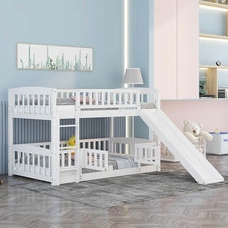 Contemporary Modern Style Twin Over Twin Low Bunk Bed,Solid Wood Bed with Fence and Ladder for Kids,Versatile Bunk Bed