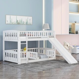 White Twin Over Twin Bunk Bed with Slide and Convertible Ladders, Fence, and Play Area for Kids, Sturdy and Durable Bed Frame