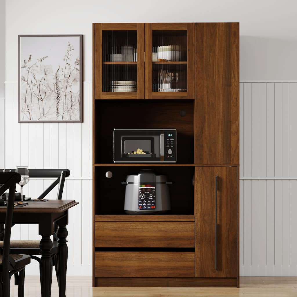 70.87" Tall Kitchen Pantry Cabinet with 4-Tier Side Shelf and 2 Drawers