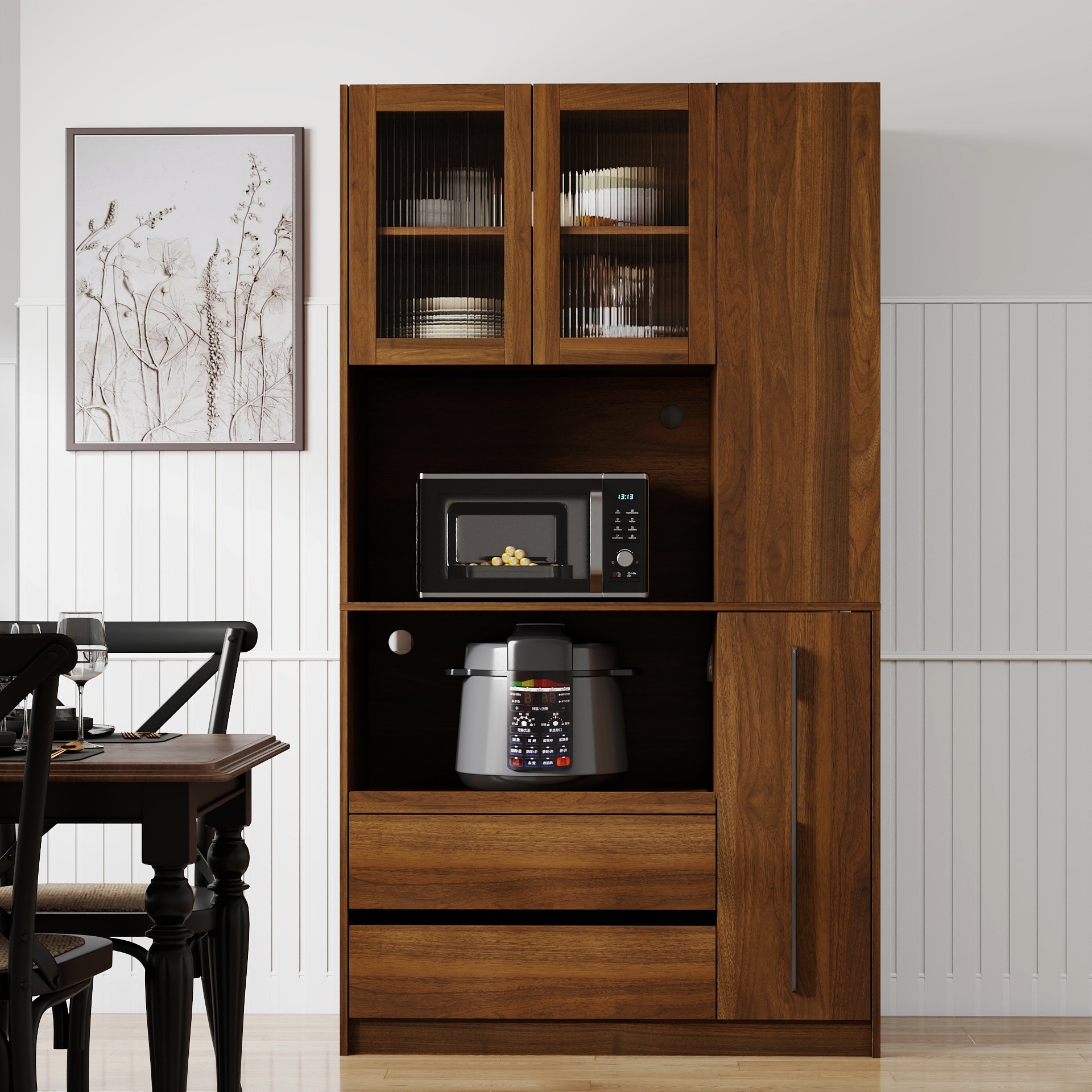 70.87" Tall Kitchen Pantry Cabinet with 4-Tier Side Shelf and 2 Drawers