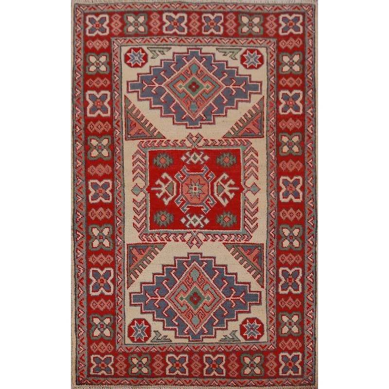 Geometric Beige Kazak Foyer Rug Hand-Knotted Wool Carpet - 2'8"x 4'2"