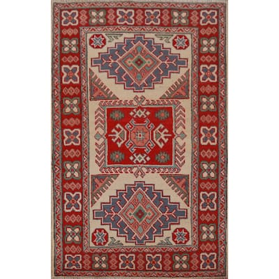 Geometric Beige Kazak Foyer Rug Hand-Knotted Wool Carpet - 2'8"x 4'2"