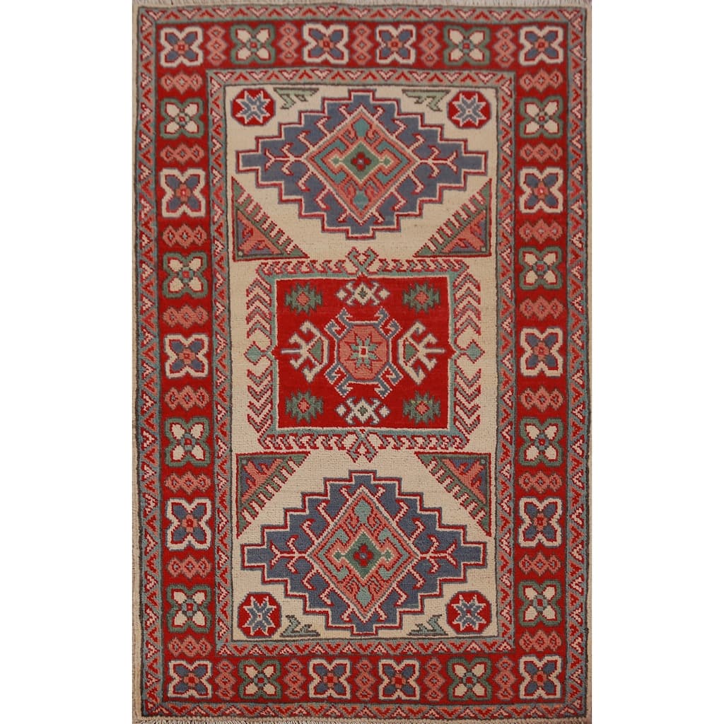 Geometric Beige Kazak Foyer Rug Hand-Knotted Wool Carpet - 2'8"x 4'2"