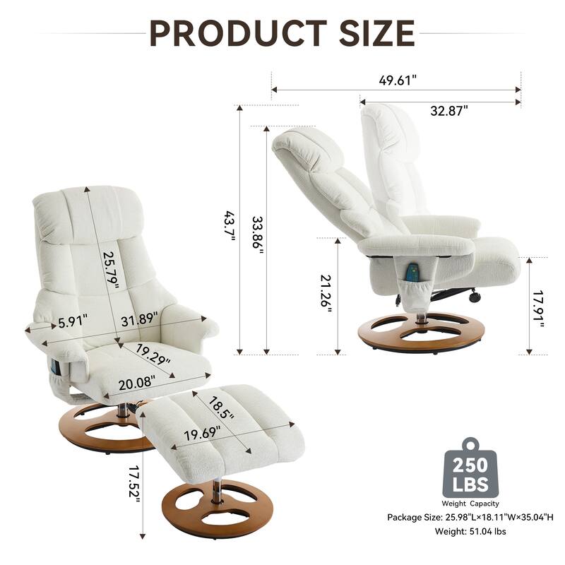 Recliner Chair with Ottoman, Modern 360° Swivel Lounge Chair with Footstool, Chenille Fabric, 5 Point Vibration Massage